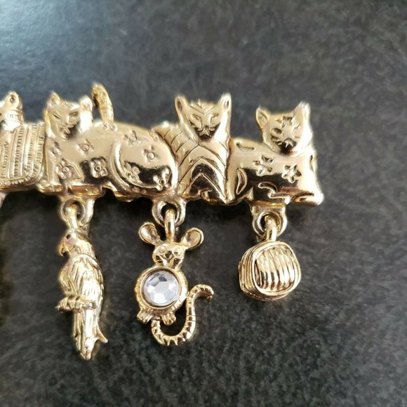 Vintage OAJC Cat Bar Brooch Pin with Dangling Charms Mouse Parrot Rhinestones - Picture 3 of 5